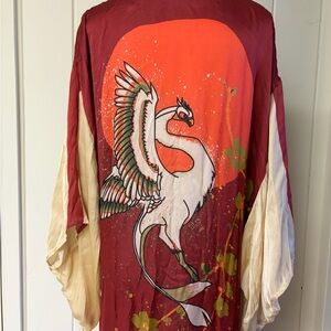 Silk Crane Kimono in Deep Red and Cream